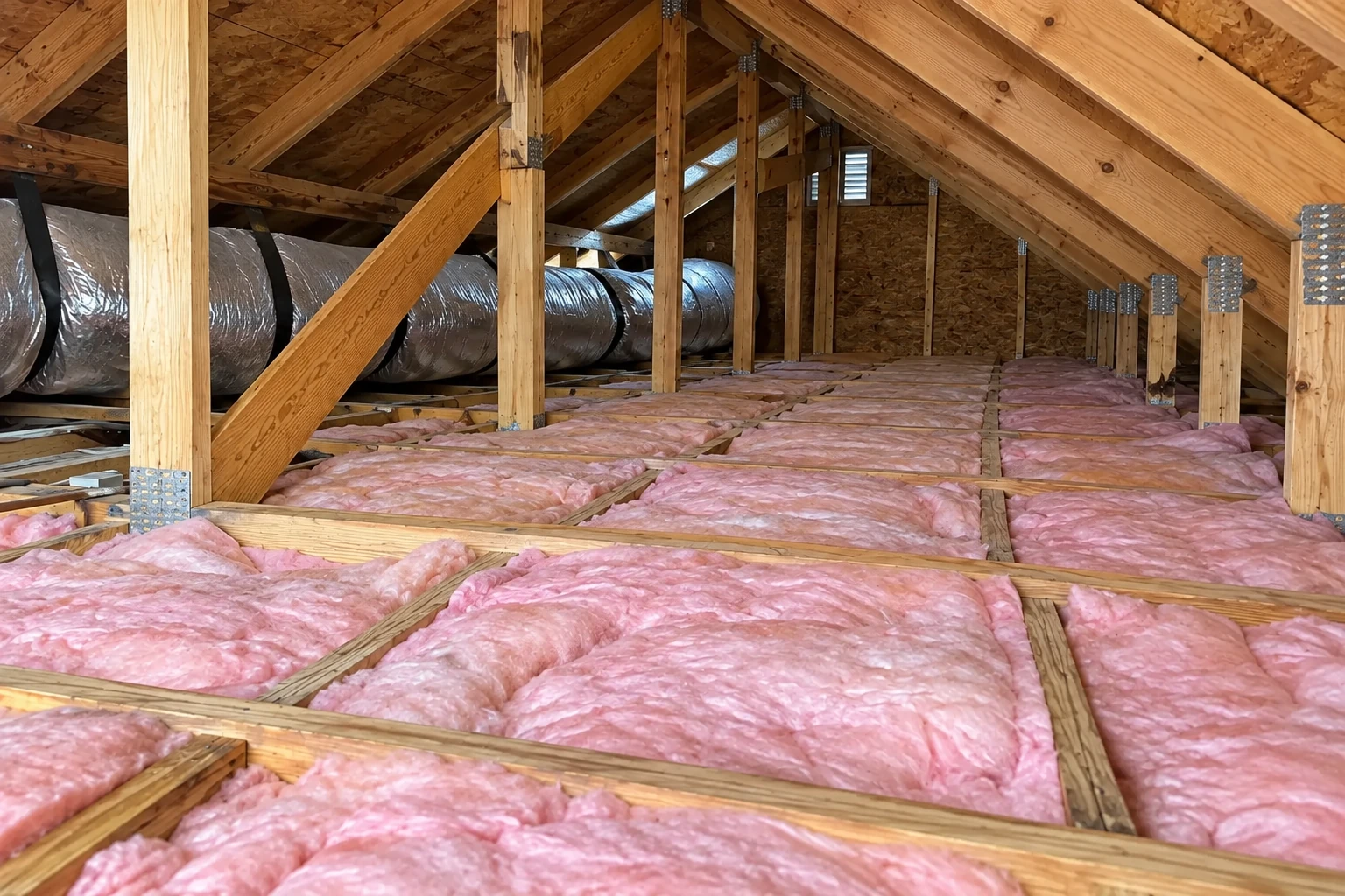 Pink batt insulation fills the floor joists of an attic beneath exposed wooden roof framing and ductwork.