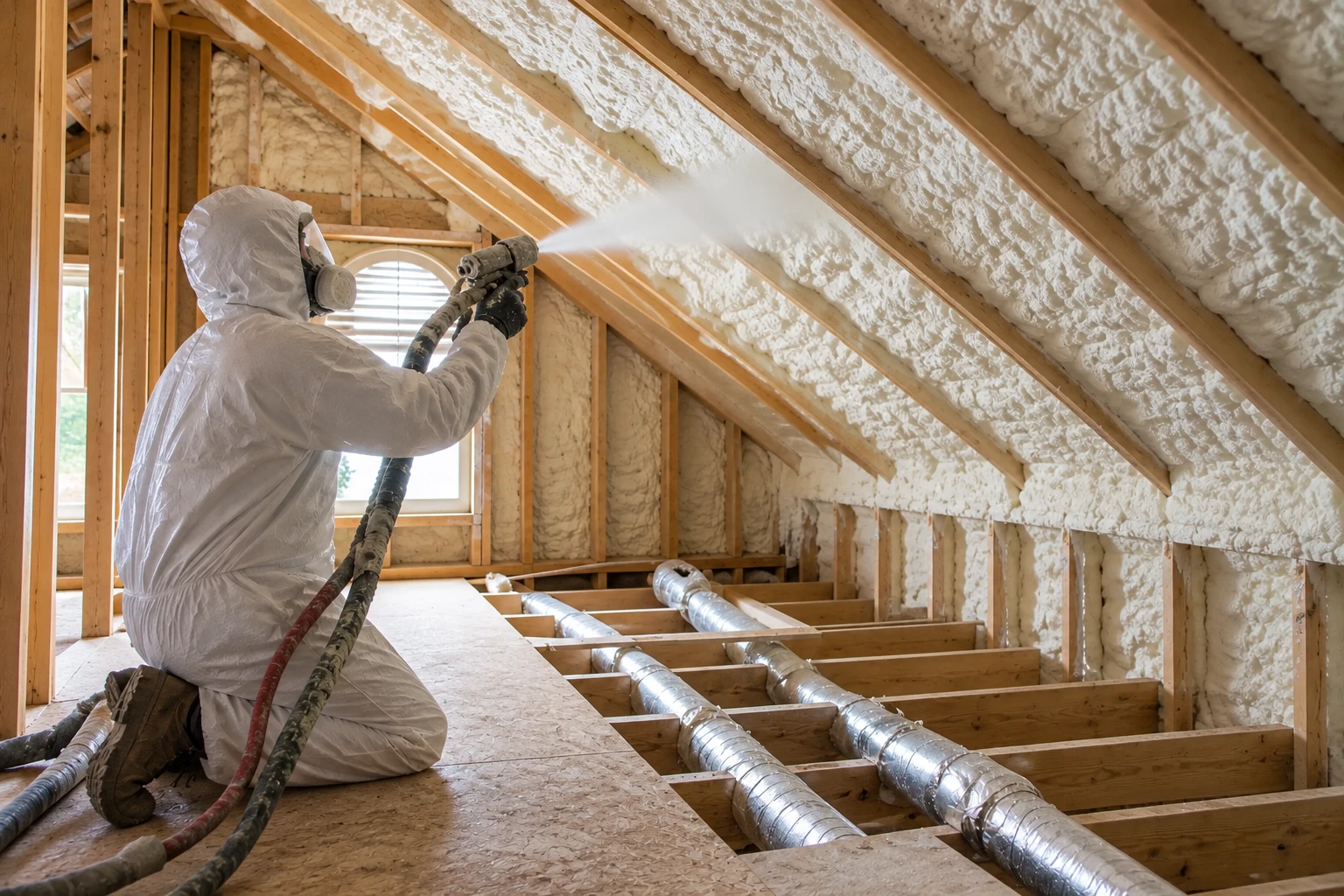 A worker in protective coveralls sprays foam insulation onto the sloped rafters of an unfinished attic.
