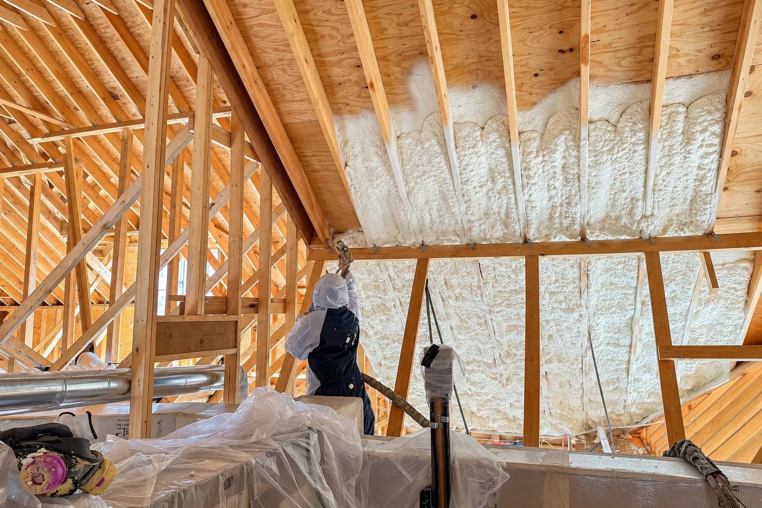 Workers spray foam insulation onto the rafters of a wooden attic.