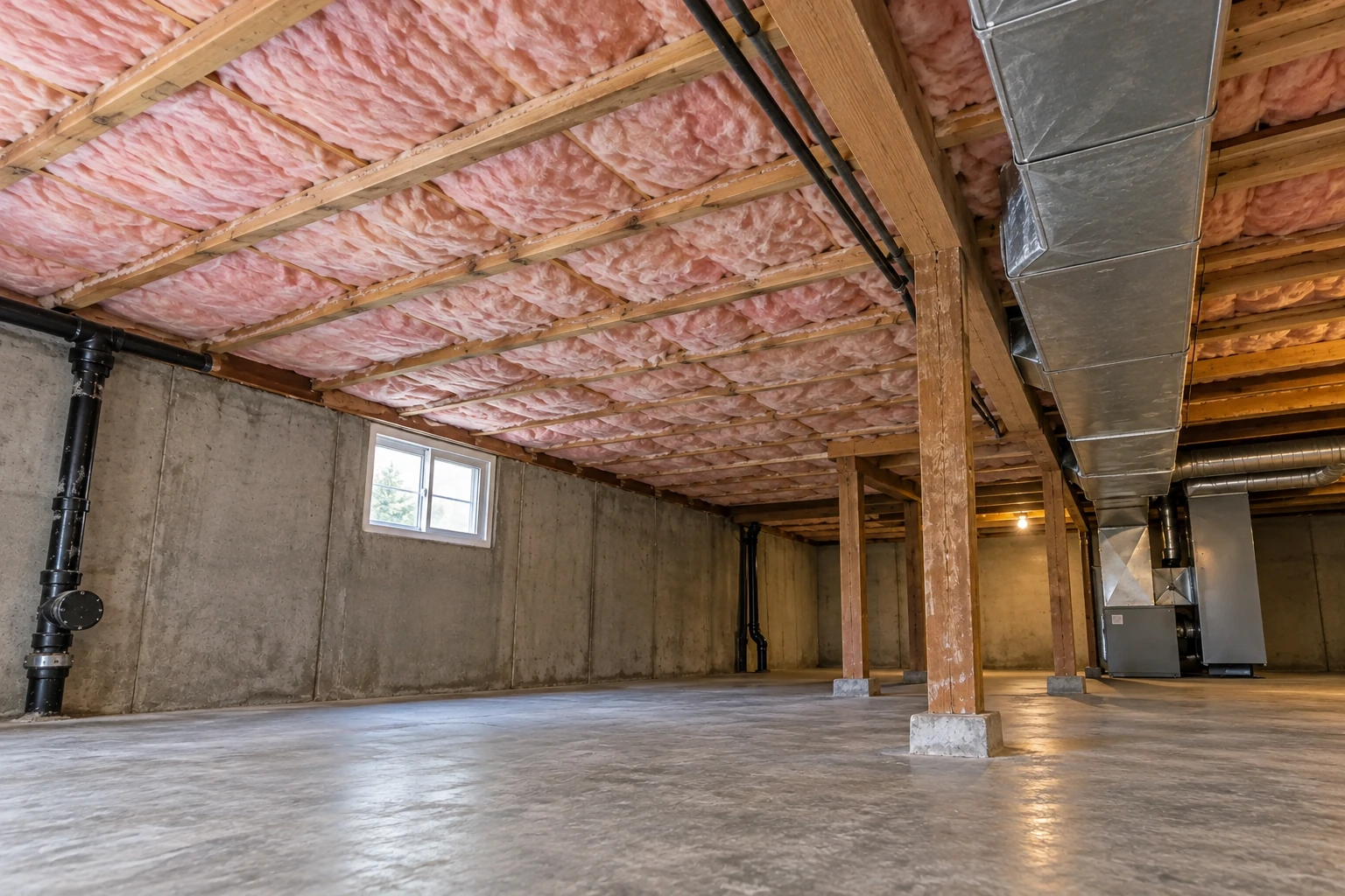 Basement with pink fiberglass batts fitted between ceiling joists above a concrete floor.