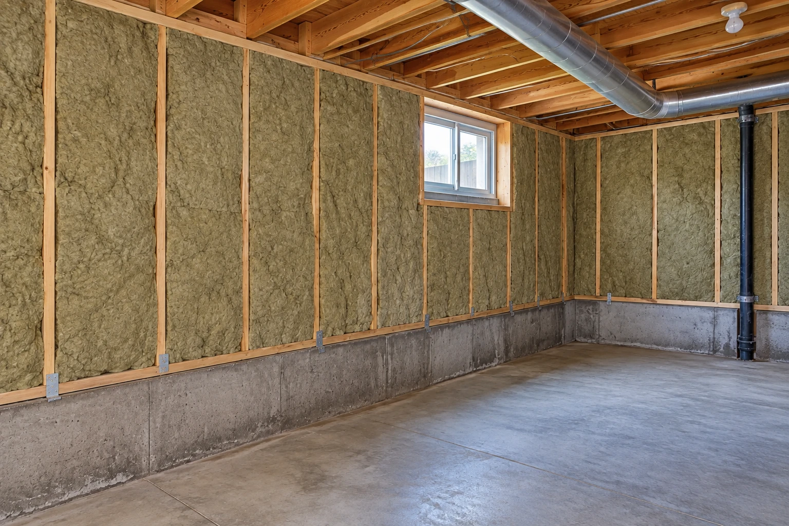 Unfinished basement with gray insulation batts fitted between wall studs and exposed ceiling joists.