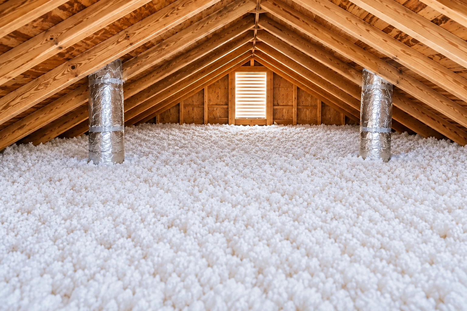 A thick layer of loose white blown-in insulation covers an attic floor beneath exposed rafters.