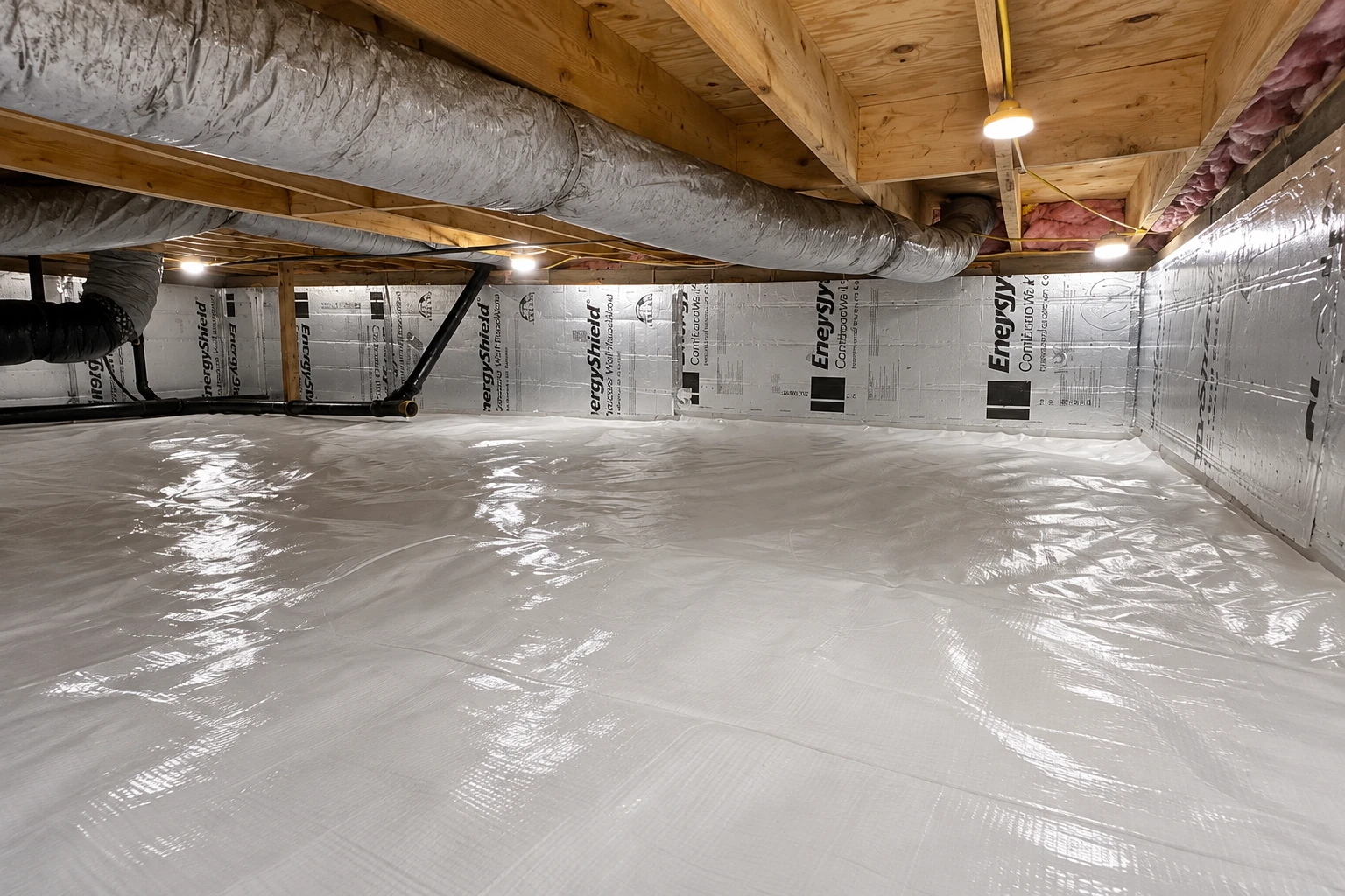 Crawl space with a shiny plastic vapor barrier covering the floor and reflective insulation lining the walls.
