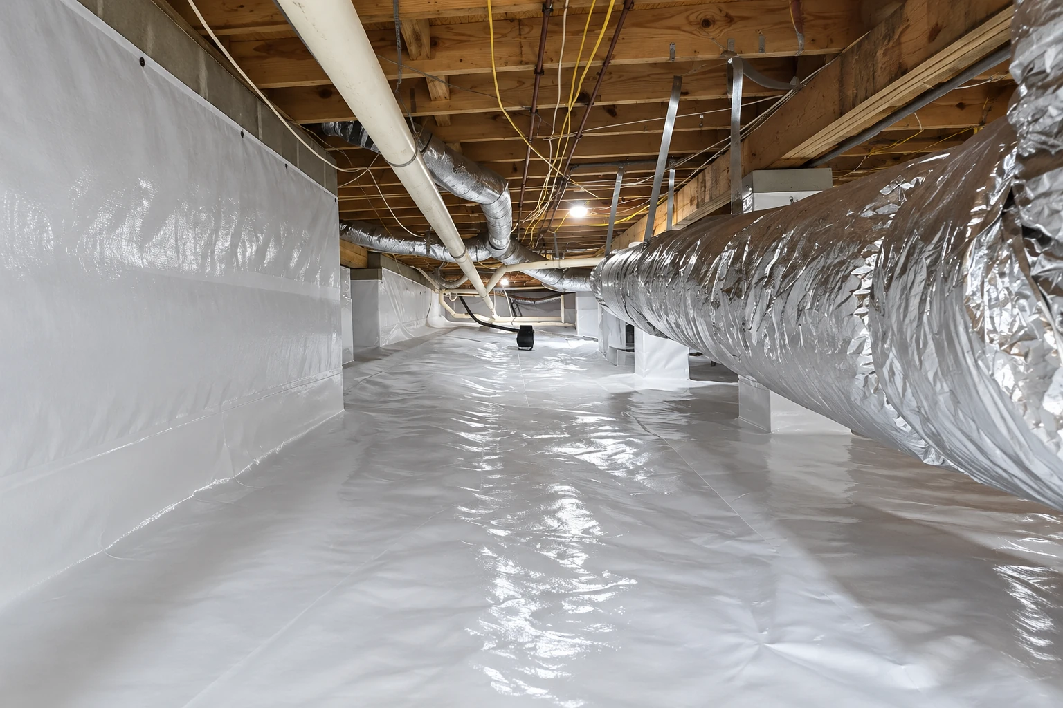 A crawl space has a white plastic vapor barrier across the floor and walls, with large metal ducts overhead.