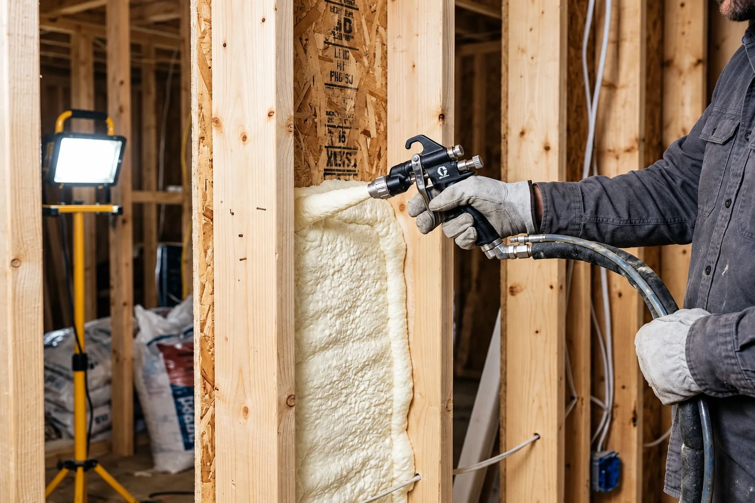 Worker sprays white foam insulation into a wall cavity between exposed wooden studs.
