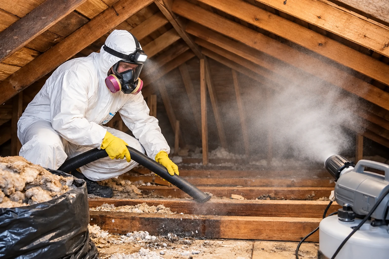 A worker in protective gear uses a hose to remove loose insulation from an attic.