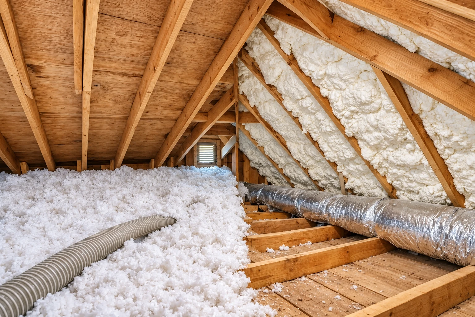 Attic with white loose-fill insulation across the floor and foam filling sections between exposed wooden roof rafters.