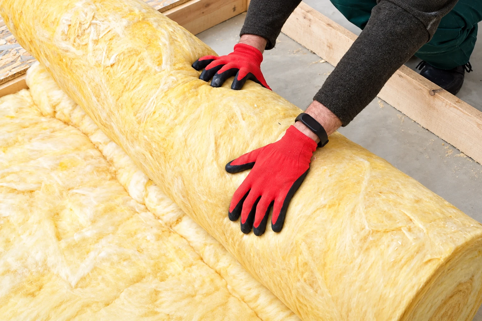 A worker in red-and-black gloves handles a thick roll of yellow fiberglass batt insulation between attic floor joists.