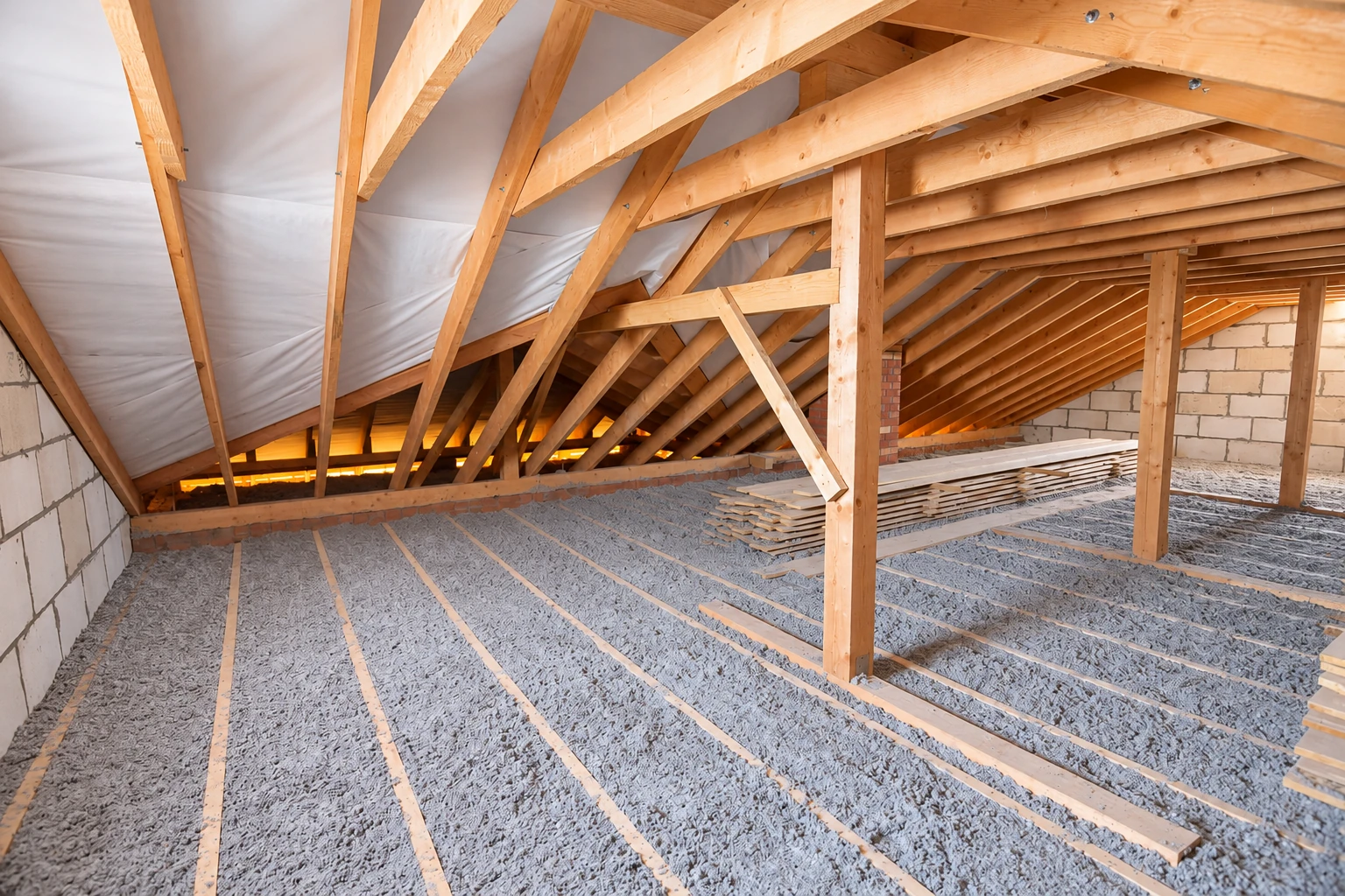 Attic with loose gray insulation across the floor and white sheeting beneath the sloped roof.