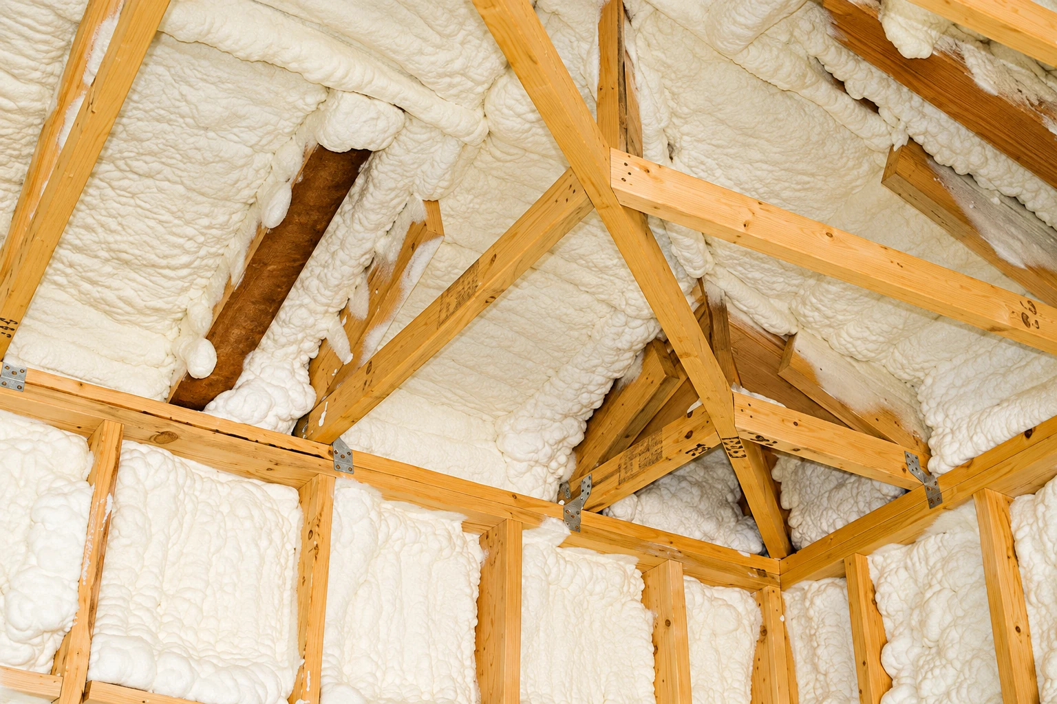 Spray foam insulation fills the spaces between exposed wooden roof trusses.