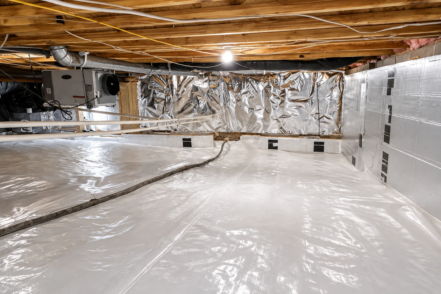 A crawl space floor is covered with white vapor barrier sheeting, with reflective foil lining the walls.