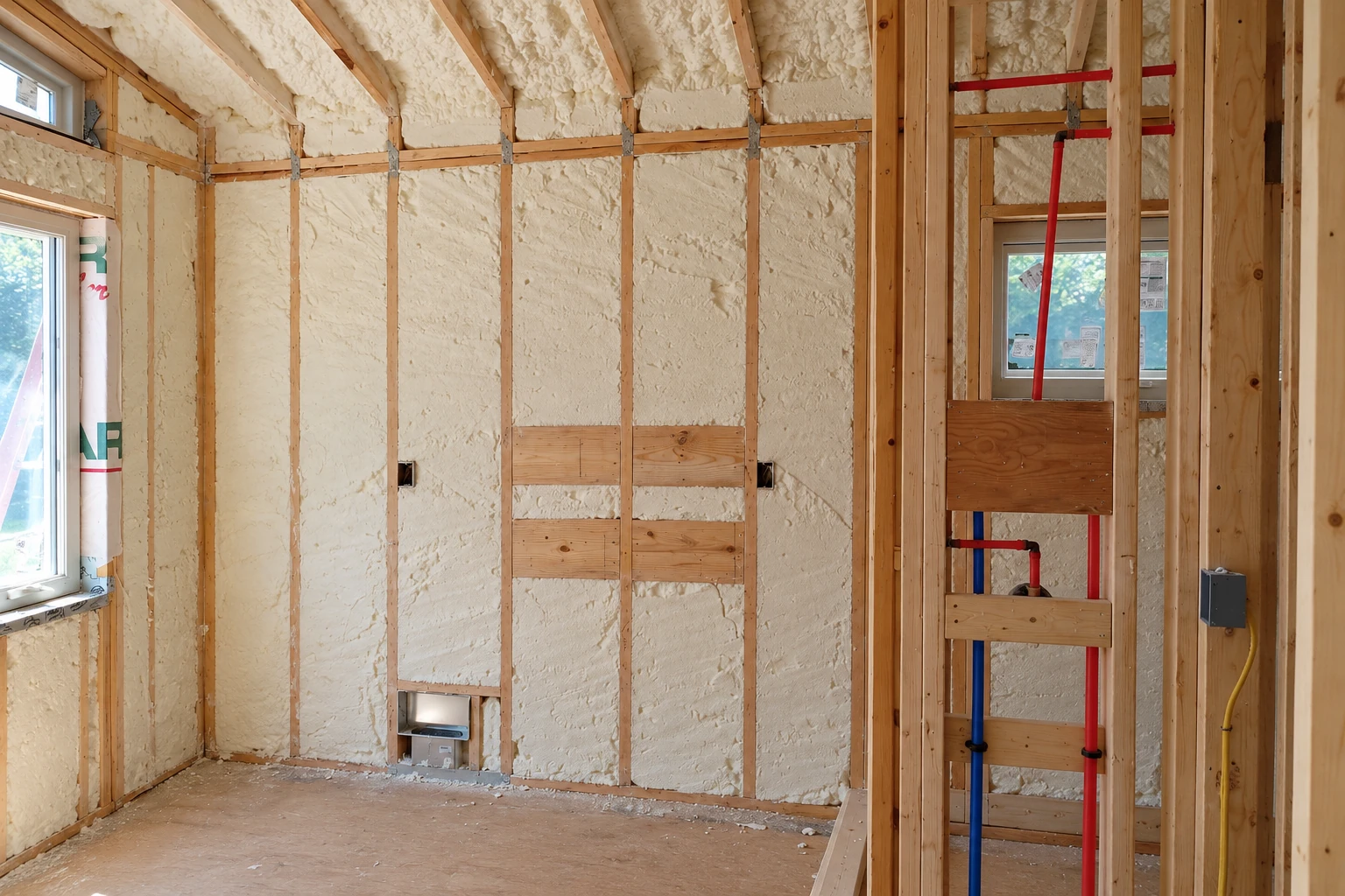 Unfinished room with exposed framing and cream-colored foam insulation on the walls and ceiling.