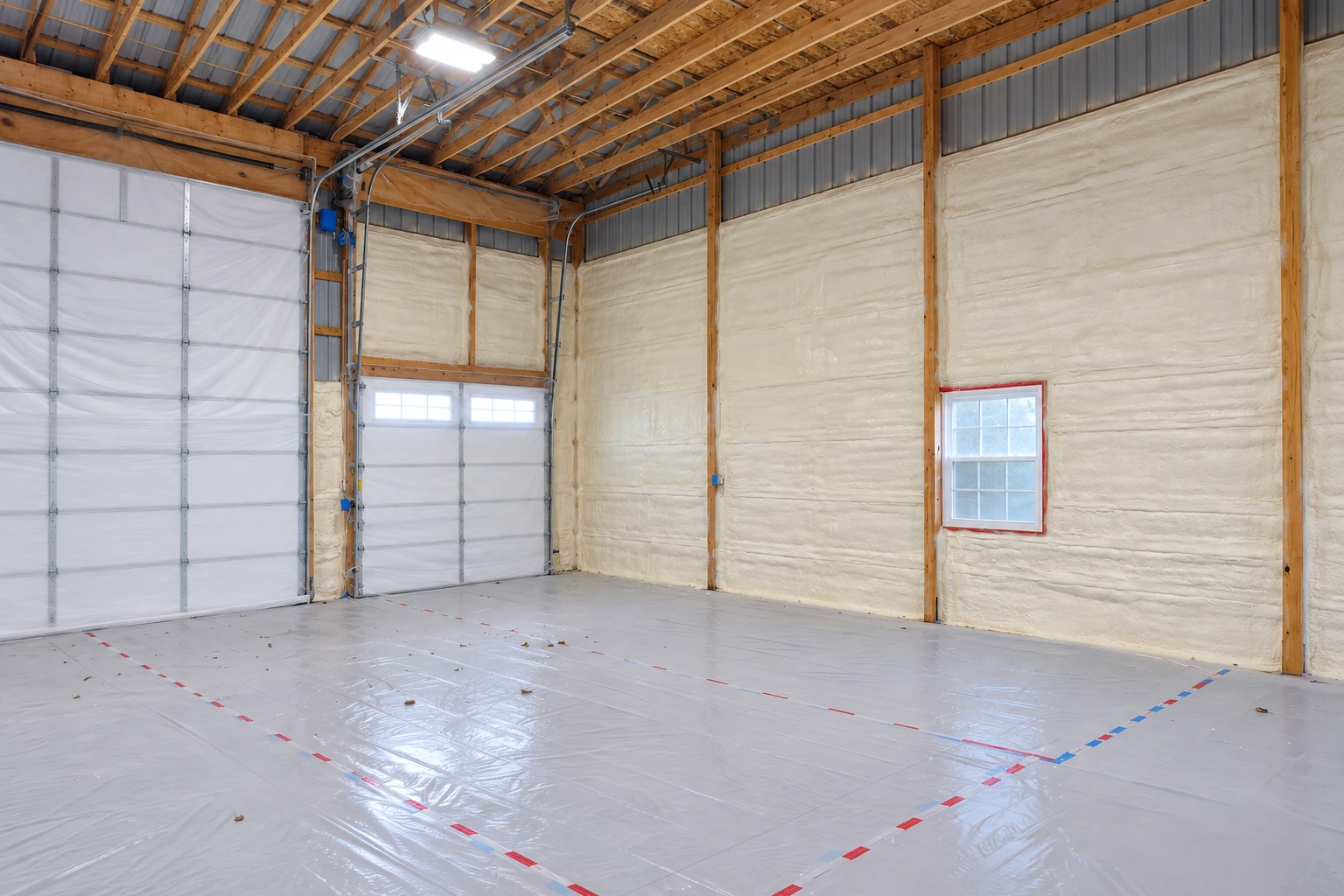 Large garage with pale spray foam insulation covering the walls and a plastic sheet protecting the floor.